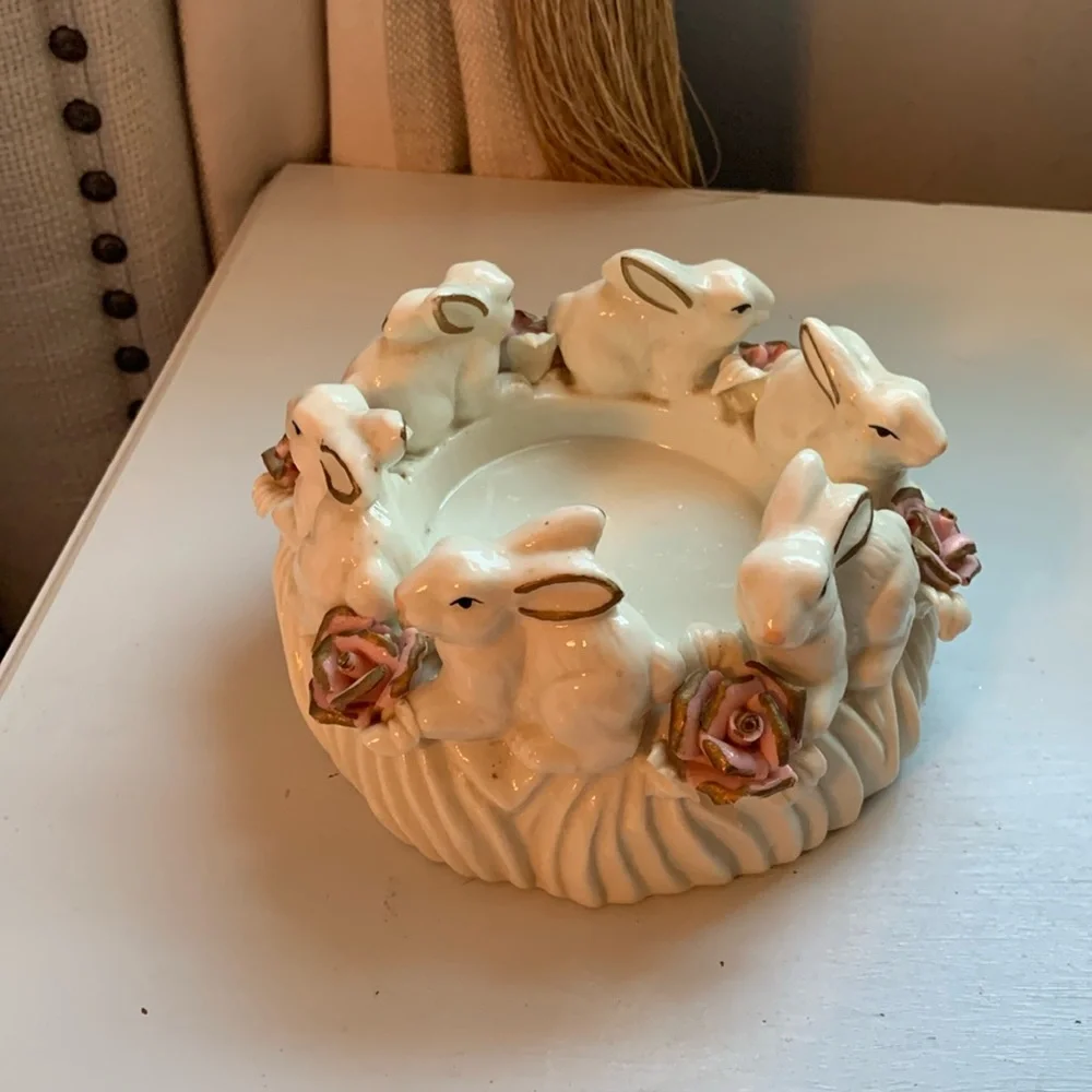 Vintage Porcelain Bunny Gold Ring Of Rabbits Rose Candle Holder